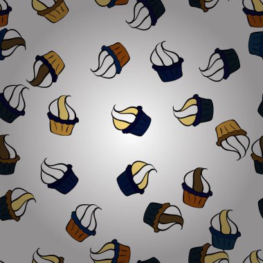 Vektör çizimi. Keklerle kusursuz desen. Paket kağıdı. Siyah, beyaz ve mavi üzerine güzel bir doğum günü geçmişi var..