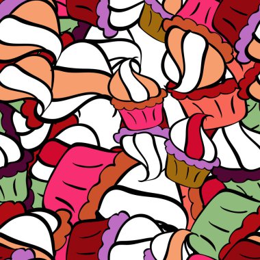 Beyaz, siyah ve turuncu üzerine kusursuz kek ve kek vektör karikatürü. Çikolatalı doğum günü tatlı kek çizimi.