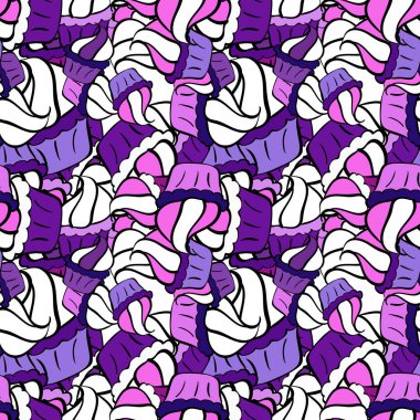 Vektör çizimi. Kremalı kek. El çizimi kekler. Mor, beyaz ve siyah renkte şirin bir doğum günü deseni. Vektör kek illüstrasyonu.