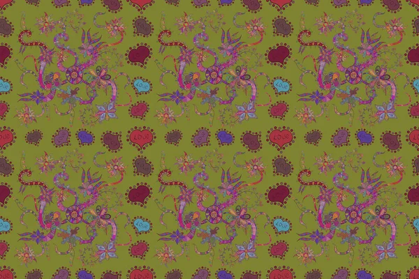Цветная Весна Тема Бесшовный Узор Фон Цветы Зеленого Фиолетового Коричневого — стоковое фото