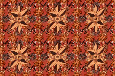 Siyah, kahverengi ve turuncu renklerde şirin yapraklar. Palmiye yapraklı, kusursuz tropikal raster deseni. Ağ şablonu, tekstil, baskı tasarımı. Raster illüstrasyonu. Yaz illüstrasyonu.