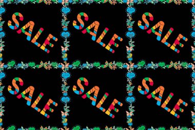 Kusursuz desen. Satış afişi şablonu tasarımı. Raster. Mavi, siyah ve turuncu renkli bir resim. Harf.