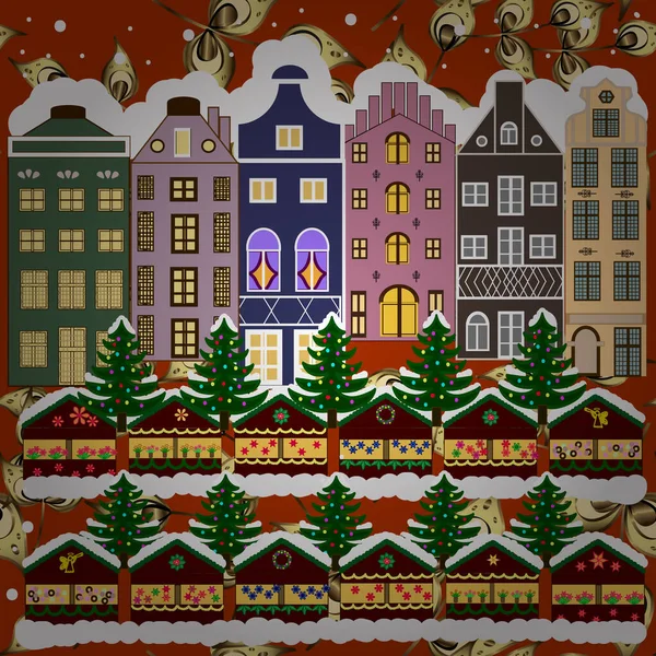 Panorama Pueblo Navidad Santa Claus Ilustración Vectorial Casas Hadas Colores — Vector de stock