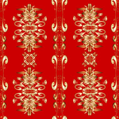 Klasik, kusursuz, kusursuz bir vektör. Çiçek süsü kumaş deseni, cam, çiçek desenli metal kırmızı, kahverengi ve bej renklerinde altın elementler..