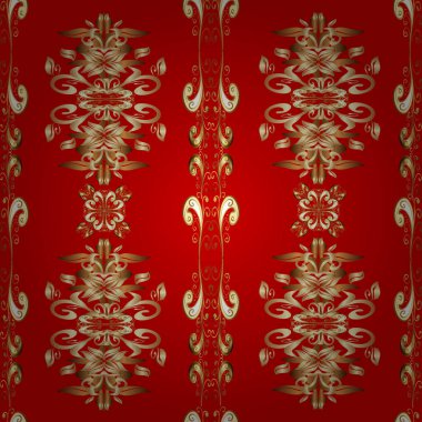 Vektör doğu süsü. Kahverengi, bej ve kırmızı renklerde altın desenli altın elementler. Kusursuz altın desen.