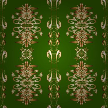 Altın elementlerle bej, yeşil ve kahverengi renklerde klasik, pürüzsüz desen. Noel 2019, kar tanesi, yeni yıl.