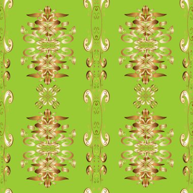 Kahverengi, bej ve yeşil renklerdeki altın desenli altın elementler. Kusursuz altın desen. Vektör oryantal süsü.