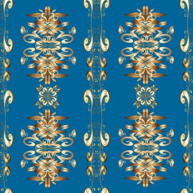 Kusursuz desenli oryantal süs. Çiçek kiremitleri. Kahverengi, bej ve mavi renklerde altın desenli altın elementler. İslam tasarımı. Vektör altın tekstil baskısı.