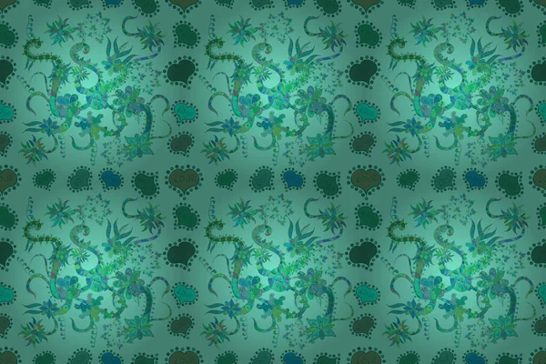 Art Inspineutre Fleurs Style Vert Bleu Feuilles Fond Modèle Dessiné — Photo