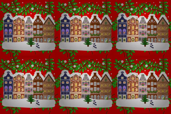 Растровая Иллюстрация Счастливой Рождественской Открытки Домом Рождественская Иллюстрация Белого Красного — стоковое фото