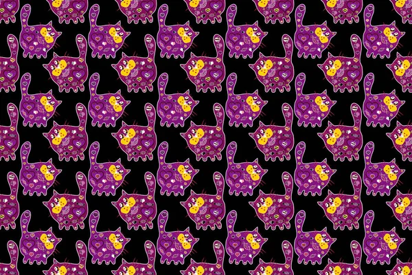 動物のシルエット 紫の色のドードル猫のシームレス 織物の村のパターン 壁紙やファブリックのデザインや装飾 ラスター — ストック写真