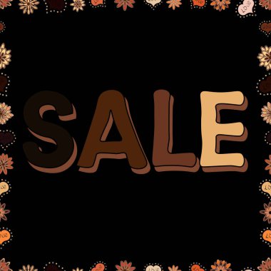 Satış afişi şablonu tasarımı. Vektör. Kusursuz. Bej, kahverengi ve siyah renkli bir resim. Mektup. Basit yamalar, afişler, güzel sanat tarzında rozetler..