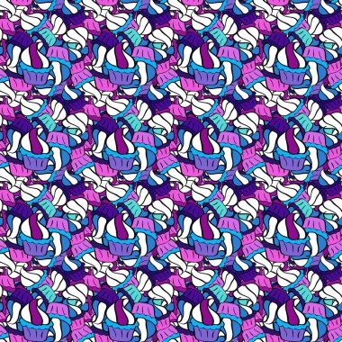 Beyaz, mor ve mavi üzerine güzel bir doğum günü geçmişi var. Vektör çizimi. Sweets arka plan tasarımı. Tatlı kek desenli kusursuz desen..