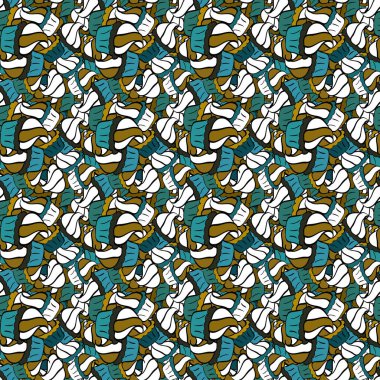 Kahverengi, mavi ve beyaz renkli şirin bir doğum günü deseni. Vektör. Kusursuz, şenlikli pastalar ve alışılmadık tasarımın leziz kekleri..