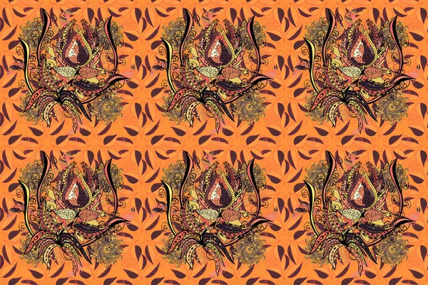 Pink, black and orange floral pattern for wallpaper or fabric. Flower. Raster. Botanic Tile. Seamless pattern with flowers and exotic leaves on pink, black and orange background.