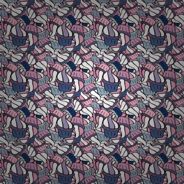 Vektör çizimi. Elle çizilmiş tatlılarla kusursuz desen: Kekler, pasta, pasta, kekler. Beyaz, nötr ve siyah üzerine şirin bir doğum günü geçmişi.