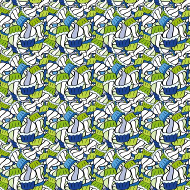 Vektör çizimi. Kusursuz el yapımı klasik kek ve keklerden oluşmuş. Siyah, beyaz ve yeşilde güzel bir doğum günü deseni. Kek kalıbı.