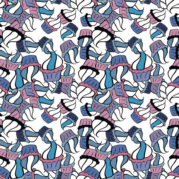 Seamless pattern of cupcakes on a black, blue and white background. Vector illustration. Wrapping paper.