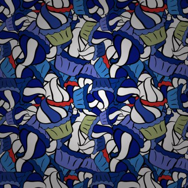 Vektör çizimi. Elle çizilmiş tatlılar: Kekler, kek, turta, kekler. Beyaz, siyah ve mavi üzerine güzel bir doğum günü geçmişi var..