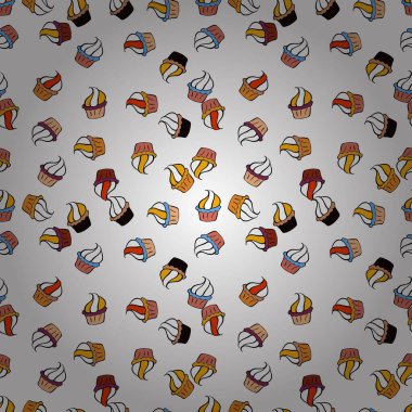 Beyaz, turuncu ve siyah üzerine şirin bir doğum günü geçmişi var. Paket kağıdı. Vektör çizimi. Sweets arka plan tasarımı. Kek pürüzsüz desen.