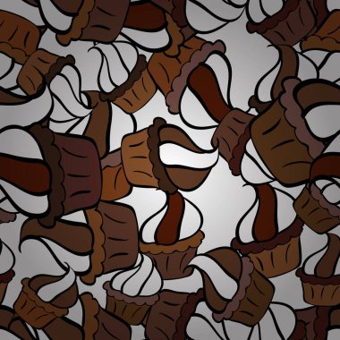 Kusursuz, şenlikli pastalar ve alışılmadık tasarımın leziz kekleri. Vektör. Siyah, kahverengi ve beyaz üzerine şirin bir doğum günü deseni.