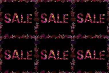 Raster illüstrasyonu. Kusursuz. Kırmızı, kahverengi ve siyah renkli resim. Satış afişi tasarımı, büyük indirim özel teklifi. Sezon sonu özel teklif afişi.