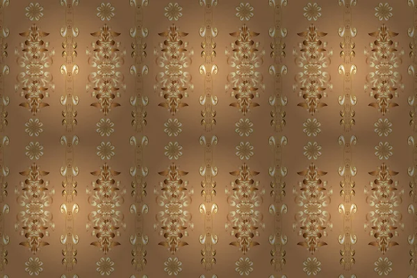 Classic oriental pattern over brown, beige and yellow colors. Damask seamless ornament. Traditional raster and golden pattern.