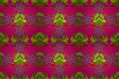 Renkli Yaz Temalı Kusursuz Arkaplan. Mor, yeşil ve kırmızı renkte çiçekler. Düz Çiçek Elementleri Tasarımı. Raster illüstrasyonunda trendsiz çiçek deseni.