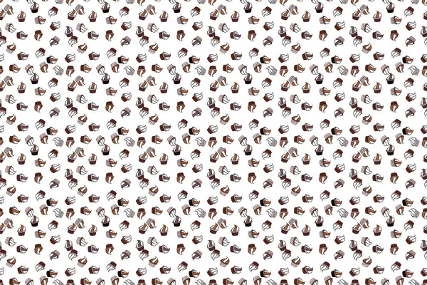 Elle çizilmiş resimli pasta. Kahverengi, beyaz ve siyah arkaplanda suluboya desenli kekler. Raster illüstrasyonu. Sweets arkaplan tasarımı.