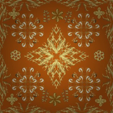Altın desenli sarı, nötr ve turuncu renklerde altın elementler. Noel, kar tanesi, yeni yıl. Sarı, nötr ve turuncu renklerde altın elementlerle klasik desen.