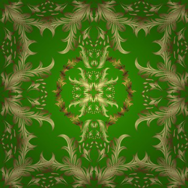 Tarafsız, sarı ve yeşil renklerde Kraliyet retro 'su. Kart, eskiz, ambalaj ve tekstil için klasik tasarım. Kusursuz desenli altın elementler. Altın şablon. Klasik çiçek dokusu. Vektör illüstrasyonu.