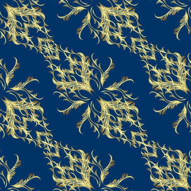 Damask motifi arka planı tekrarlıyor. Barok tarzında altın nötr, sarı ve mavi çiçek süsü. Antika altın tekrarlanabilir çizim. Tarafsız, sarı ve mavi renkler üzerine altın element..