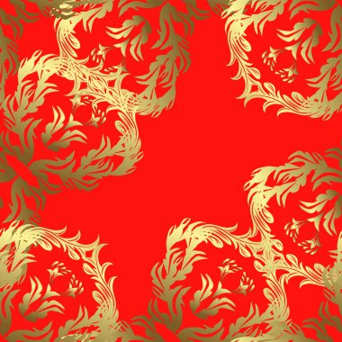 Kusursuz desen. Flourish etiketleri. Kumaş, Tekstil, Baskı ve Davetiye için arka plan. Sarı, nötr ve kırmızı renkli resimler. Vektör kaligrafi girdaplar, kabartmalar, dekoratif motifler ve parşömenler.