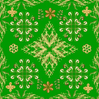 Paisleys zarif çiçek desenli arkaplan çizimi. Klasik güzel, modern, 3D çizgili sanat eseri altın ve yeşil, sarı ve nötr desenli çiçek yaprakları ve süslemeleri..