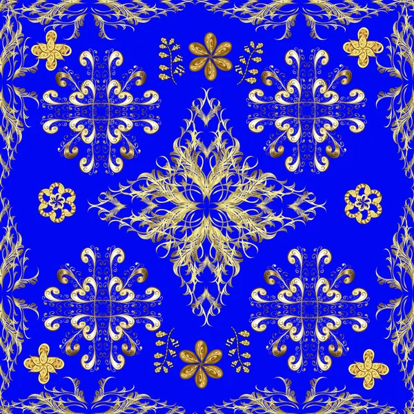 黄色和蓝色的金色图案 带有金色元素 伊斯兰设计 东方图案装饰品 Vector Golden Textile Print — 图库矢量图片
