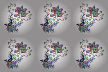 El çizimi. Raster illüstrasyonu. Güzel kumaş deseni. Çiçekler, dallar, otlar ve çiçekler.