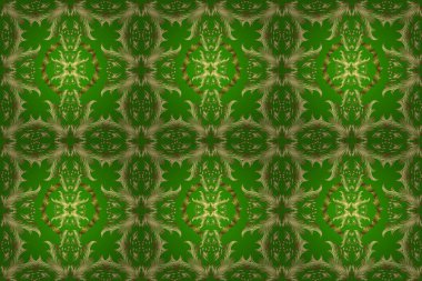 Klasik çiçek dokusu. Tarafsız, sarı ve yeşil renklerde Kraliyet retro 'su. Kusursuz desenli altın elementler. Altın şablon. Kart, duvar kağıdı, ambalaj ve tekstil için klasik tasarım. Raster illüstrasyonu.