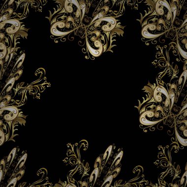 Şam, tasarım için kusursuz desen. Sarı, kahverengi ve siyah renklerde altın elementli vektör deseni.