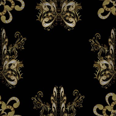 Sarı, siyah ve kahverengi renkli bir resim. Tekstil ve kumaş için kentsel model. Süslü çiçek süsü. Doğulu tarzında kusursuz bir desen. Kıvırcık saçlı. Vektör illüstrasyonu.