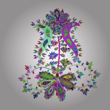 Çiçek desenli çizim. Vektör çizimi. Mavi, beyaz ve yeşil renklerde Asyalı tekstil.