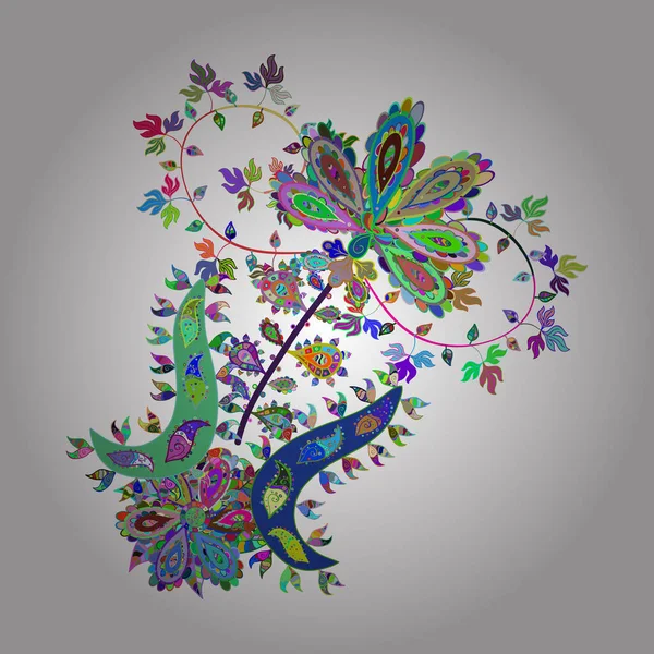 素描花纹与花 水彩画 蓝色和绿色的花 春季主题草图背景 平面花卉元素设计矢量图解 — 图库矢量图片