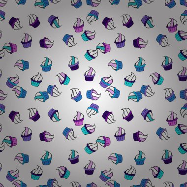 Kusursuz desenli el çizimi kekler. Beyaz, mor ve siyah renk. Sweets arka plan tasarımı. Vektör çizimi. Fırın için yazdır.