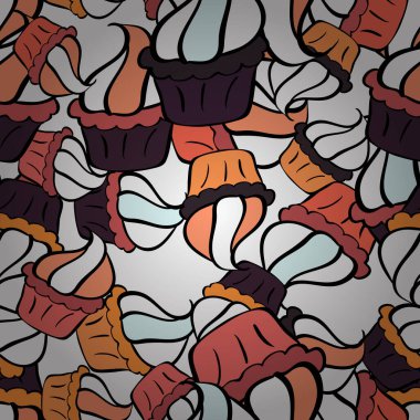 Vektör çizimi. Siyah, beyaz ve pembe afiş tasarımı için. Paket kağıdı. Keklerle kusursuz..