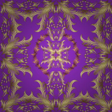 Sarı, nötr ve menekşe renklerinde altın desenli altın elementler. Kusursuz altın desen. Vektör oryantal süsü.