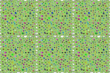 Mavi, beyaz ve yeşil renkte elementler. Sevgililer Günü tasarımı. Elle çizilmiş kalplerle kusursuz bir aşk deseni.