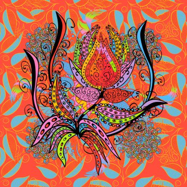 El çizimi iz bırakır. Turuncu, mavi ve pembe renklerde yapraklar. Doğa geçmişi. Bahar ambalajı. Vektör illüstrasyonu.