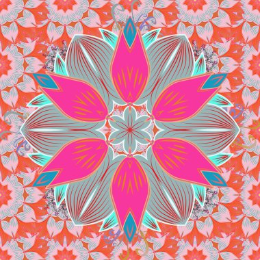 Elle çizilen tropikal yaprakların kusursuz deseni. Vektör çizimi. Pembe, turuncu ve nötr renklerde güzel yapraklar.