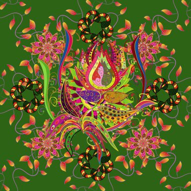 Egzotik çizim. Moda, baskı ve tekstil için yaz tasarımı. Tropikal palmiye yaprakları, orman yaprağı pürüzsüz vektör vektör deseni sarı, yeşil ve turuncu arka plan.