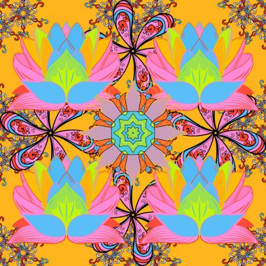 Çizim, web sitesi arka planı, ambalaj kağıdı, davetiye, broşür, afiş veya web sitesi için kusursuz çiçek deseni kullanılabilir. Parlak elementlerin. El çizimi Vektör illüstrasyonu.