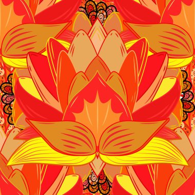 Çiçek taslağı. Sarı, turuncu ve kırmızı renkli şirin tekstil. Çiçek arkaplan. Vektör çizimi. Renkli, pürüzsüz desen.